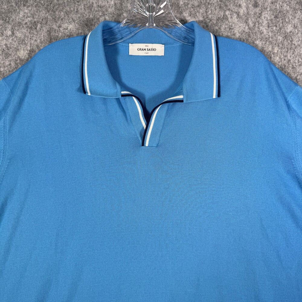Gran Sasso V-Neck Sweater Polo Shirt Mens 2XL IT 56/60 Blue Cotton Italy
